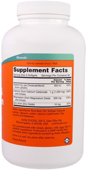 維生素，維生素D3，補充劑，礦物質 - Now Foods, Calcium & Magnesium, with Vitamin D-3 and Zinc, 240 Softgels