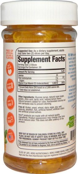 維生素，維生素D3，維生素D gummies - Hero Nutritional Products, Slice of Life, Vitamin D3, Adult Gummy Vitamins, Lemon Flavor, 1000 IU, 60 Gummies