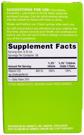維生素，維生素D3，維生素D3液體，兒童健康，嬰兒，嬰兒補品 - Zarbees, Naturals, Baby, Vitamin D, 0.47 fl oz (14 ml)
