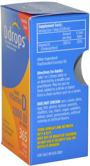 維生素，維生素D3，維生素D3液體 - Ddrops, Liquid Vitamin D3, 1000 IU, 0.34 fl oz (10 ml)