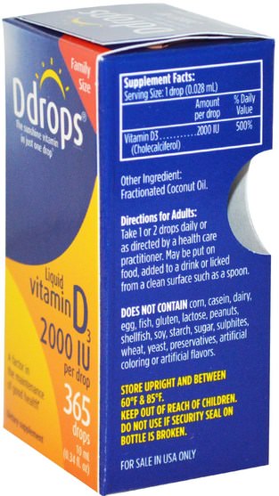 維生素，維生素D3，維生素D3液體 - Ddrops, Liquid Vitamin D3, 2000 IU, 0.34 fl oz (10 ml)