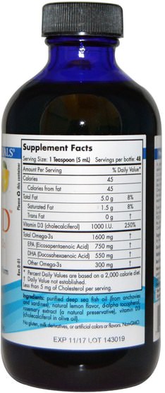 維生素，維生素D3，維生素D3液體 - Nordic Naturals, Omega-3D, Purified Fish Oil with Vitamin D3, Lemon, 8 fl oz (237 ml)