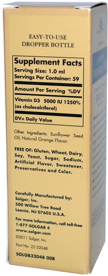 維生素，維生素D3，維生素D3液體 - Solgar, Liquid Vitamin D3, 5000 IU Per Serving, Natural Orange Flavor, 2 fl oz (59 ml)