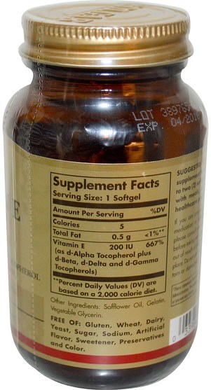 維生素，維生素e - Solgar, Natural Vitamin E, 200 IU, d-Alpha Tocopherol & Mixed Tocopherols, 100 Softgels