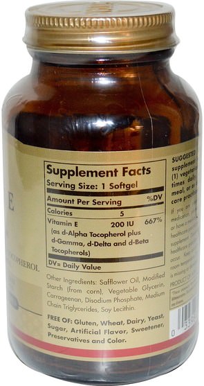 維生素，維生素e - Solgar, Natural Vitamin E, 200 IU, d-Alpha Tocopherol & Mixed Tocopherols, 100 Vegetarian Softgels