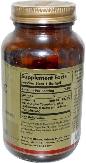 維生素，維生素e - Solgar, Natural Vitamin E, 400 IU, d-Alpha Tocopherol & Mixed Tocopherols, 100 Vegetarian Softgels