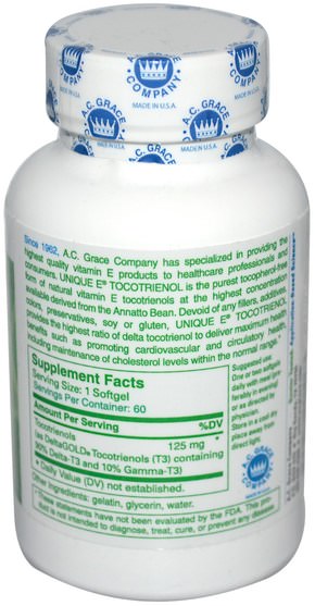 維生素，維生素E，維生素E生育三烯酚 - A.C. Grace Company, Unique Tocotrienol, 60 Softgels