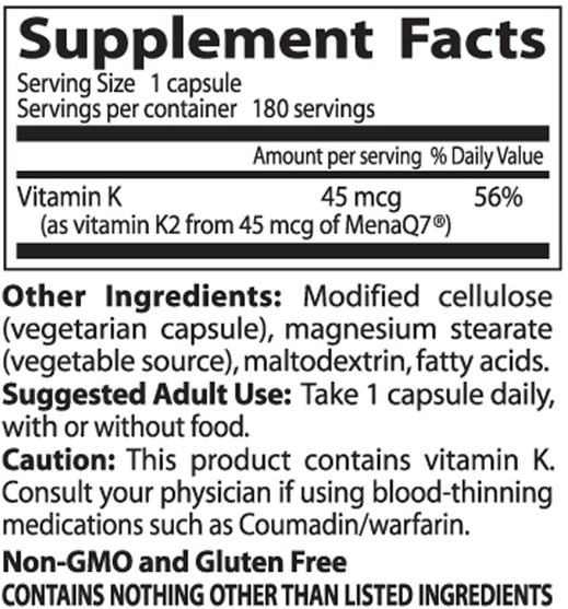 維生素，維生素K，骨骼，骨質疏鬆症 - Doctors Best, Natural Vitamin K2 MK7, with Mena Q7, 45 mcg, 180 Veggie Caps