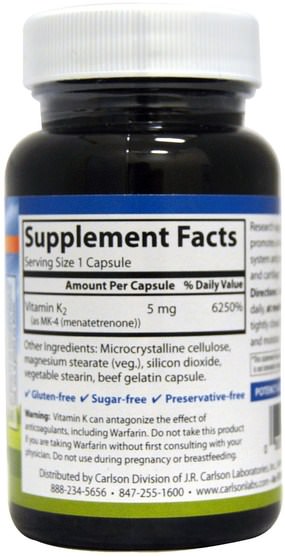 維生素，維生素K - Carlson Labs, Vitamin K2, 5 mg, 60 Capsules
