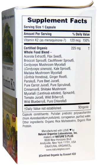 維生素，維生素K - Natures Plus, Source of Life, Garden, Vitamin K2, 60 Vegan Caps