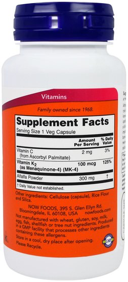 維生素，維生素K - Now Foods, Vitamin K-2, 100 mcg, 100 Veg Capsules