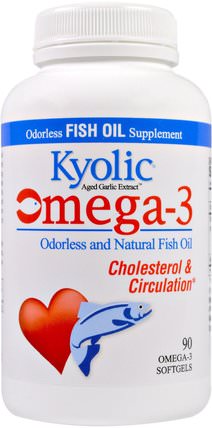 Omega-3, Aged Garlic Extract, Cholesterol & Circulation, 90 Omega-3 Softgels by Wakunaga - Kyolic, 健康 HK 香港