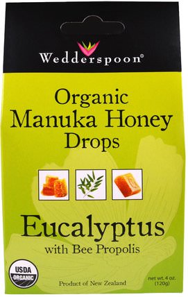 Organic Manuka Honey Drops, Eucalyptus with Bee Propolis, 4 oz (120 g) by Wedderspoon, 健康，肺和支氣管，咳嗽滴 HK 香港