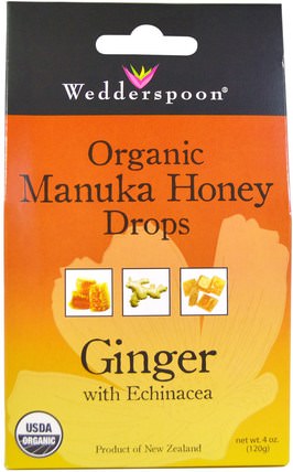 Organic Manuka Honey Drops, Ginger with Echinacea, 4 oz (120 g) by Wedderspoon, 健康，肺和支氣管，咳嗽滴 HK 香港