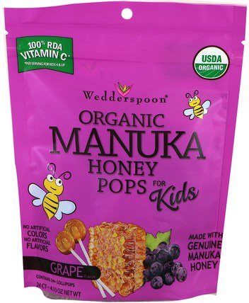 Organic Manuka Honey Pops For Kids, Grape, 24 Count, 4.15 oz by Wedderspoon, 食物，小吃，糖果 HK 香港