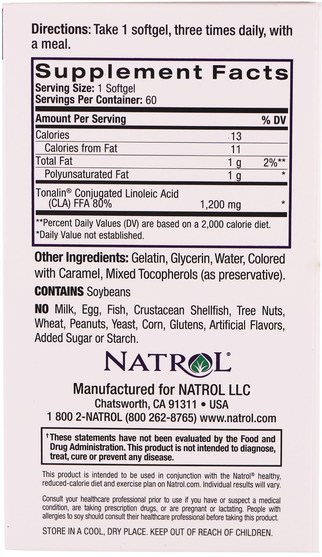 減肥，飲食，cla（共軛亞油酸） - Natrol, Tonalin, CLA, 60 Softgels