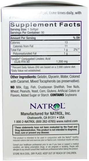 減肥，飲食，cla（共軛亞油酸） - Natrol, Tonalin CLA with Safflower Oil, 90 Softgels