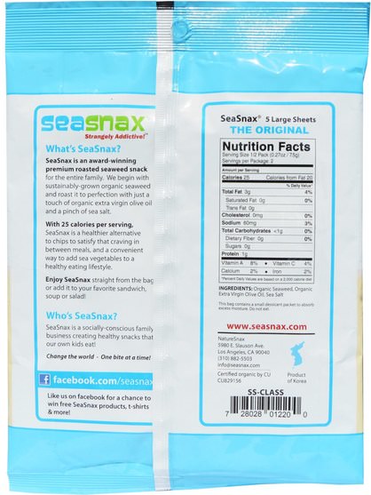 減肥，飲食，古飲食產品/食品，零食 - SeaSnax, Organic Premium Roasted Seaweed Snack, Original, 0.54 oz (15 g)
