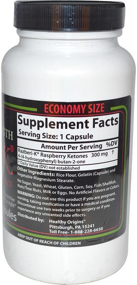 減肥，飲食，覆盆子酮 - Healthy Origins, Razberi-K, Raspberry Ketones, 300 mg, 180 Capsules