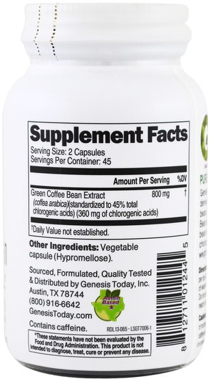 減肥，飲食，體重管理 - Genesis Today, Green Coffee Bean, 90 Veggie Caps