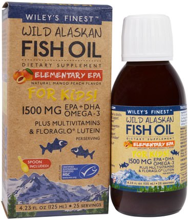 Wild Alaskan Fish Oil, Elementary EPA, For Kids!, Natural Mango Peach Flavor, 1500 mg, 4.23 fl oz (125 ml) by Wileys Finest, 補充劑，efa omega 3 6 9（epa dha），dha，epa，魚油液體 HK 香港