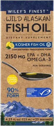 Wild Alaskan Fish Oil, Kosher Fish Oil, Natural Lemon Flavor, 4.23 fl oz (125 ml) by Wileys Finest, 補充劑，efa omega 3 6 9（epa dha），dha，epa HK 香港