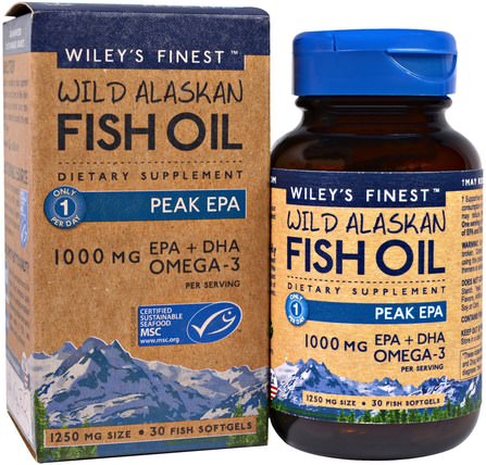 Wild Alaskan Fish Oil, Peak EPA, 1250 mg, 30 Fish Softgels by Wileys Finest, 補充劑，efa omega 3 6 9（epa dha），dha，epa，魚油 HK 香港