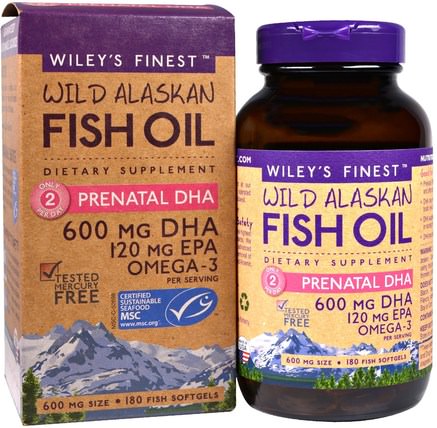 Wild Alaskan Fish Oil, Prenatal DHA, 600 mg, 180 Fish Softgels by Wileys Finest, 補充劑，efa omega 3 6 9（epa dha），dha，epa，健康，懷孕 HK 香港