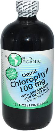 with Spearmint and Glycerin, 100 mg, 16 fl oz (474 ml) by World Organic Liquid Chlorophyll, 補充劑，內部除臭劑，留蘭香 HK 香港