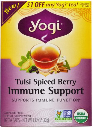 Tulsi Spiced Berry Immune Support, 16 Tea Bags, 1.12 oz (32 g) by Yogi Tea, 食物，涼茶，感冒和病毒，免疫系統 HK 香港