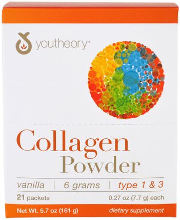 Collagen Powder, Vanilla, 21 Packets, 0.27 oz (7.7 g) Each by Youtheory, 健康，骨骼，骨質疏鬆症，抗衰老，膠原蛋白 HK 香港