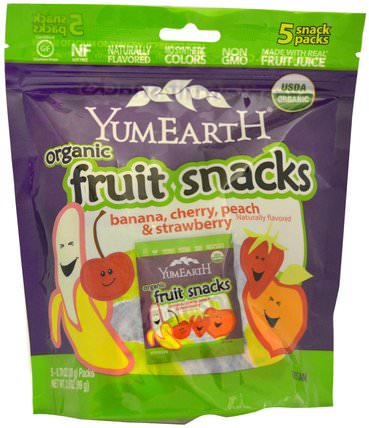 Organic Fruit Snacks, Banana, Cherry, Peach & Strawberry, 5 Packs, 0.70 oz (20 g) Each by YumEarth, 食物，小吃，糖果 HK 香港