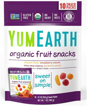 Organic Fruit Snacks, Original, 10 Packs, 0.7 oz (19.8 g) Each by YumEarth, 食物，小吃，糖果，水果小吃 HK 香港