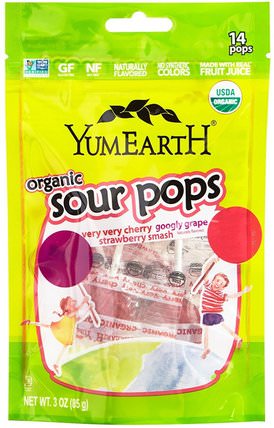 Organics, Sour Pops, Assorted Flavors, 14 Pops, 3 oz (85 g) by YumEarth, 食物，小吃，糖果 HK 香港