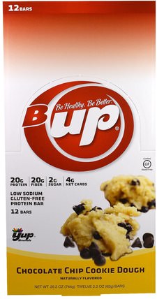 B Up Protein Bar, Chocolate Chip Cookie Dough, 12 Bars, 2.2 oz (62 g) Each by YUP, 運動，蛋白質棒 HK 香港