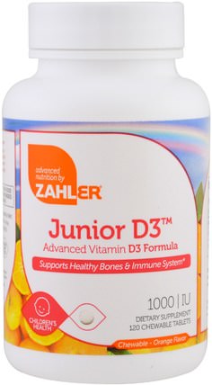 Junior D3, Advanced Vitamin D3 Formula, Orange, 1.000 IU, 120 Chewable Tablets by Zahler, 維生素，維生素D3 HK 香港
