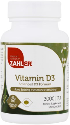 Vitamin D3, Advanced D3 Formula, 3000 IU, 120 Softgels by Zahler, 維生素，維生素D3 HK 香港
