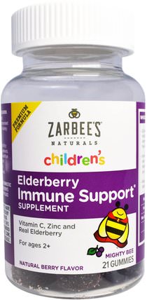 Childrens, Mighty Bee, Elderberry immune Support, Natural Berry, 21 Gummies by Zarbees, 兒童健康，兒童gummies HK 香港