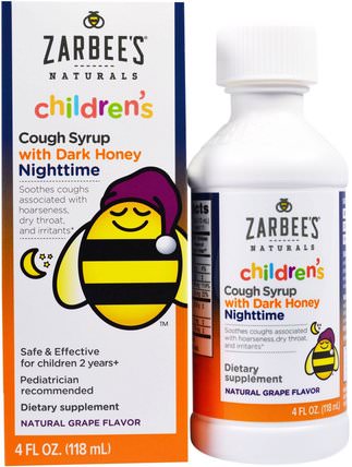 Childrens Nighttime Cough Syrup, Natural Grape Flavor, 4 fl oz (118 ml) by Zarbees, 補充劑，褪黑激素1毫克 HK 香港