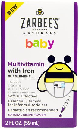 Naturals, Baby, Multivitamin, with Iron, Natural Grape Flavor, 2 fl oz (59 ml) by Zarbees, 維生素，多種維生素，兒童多種維生素 HK 香港