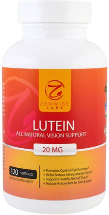 Lutein, All Natural Vision Support, 20 mg, 120 Softgels by Zenwise Health, 補充劑，抗氧化劑，葉黃素 HK 香港