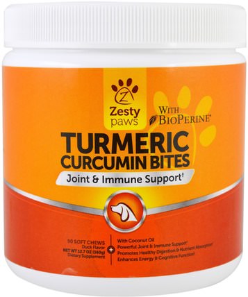 Turmeric, Curcumin Bites For Dogs, Joint & Immune Support, Duck Flavor, 90 Soft Chews by Zesty Paws, 補充劑，抗氧化劑，薑黃素，寵物護理 HK 香港