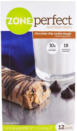 Nutrition Bars, Chocolate Chip Cookie Dough, 12 Bars, 1.58 oz (45 g) Each by ZonePerfect, 運動，蛋白質棒，小吃，健康零食 HK 香港