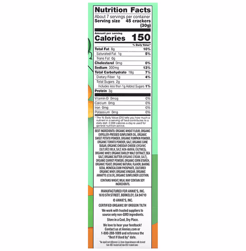 Annie's Homegrown, Organic Cheesy Cheddar Crackers with Hidden Veggies, 7.5 oz (213 g)