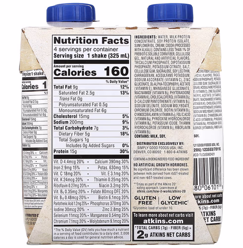 Atkins, Protein Rich Shake, Milk Chocolate Delight, 4 Shakes, 11 fl oz (325 ml) Each Atkins, Protein Rich Shake, Milk Chocolate Delight, 4 Shakes, 11 fl oz (325 ml) Each