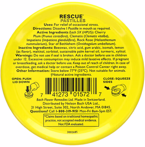 Bach, Original Flower Remedies, Rescue Pastilles, Natural Stress Relief, Lemon, 35 Pastilles, 1.7 oz (50 g) Bach, Original Flower Remedies, Rescue Pastilles, Natural Stress Relief, Lemon, 35 Pastilles, 1.7 oz (50 g)