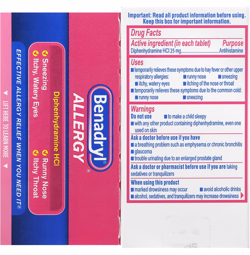 Benadryl, Allergy, Dipenhydramine HCl, 25 mg, 100 Tablets Benadryl, Allergy, Dipenhydramine HCl, 25 mg, 100 Tablets