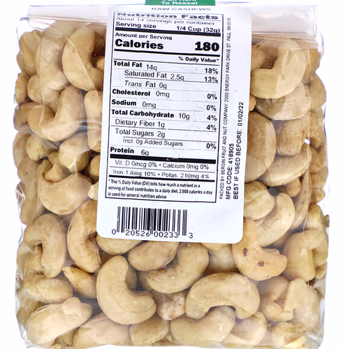 Bergin Fruit and Nut Company, Raw Cashews, 16 oz (454 g)