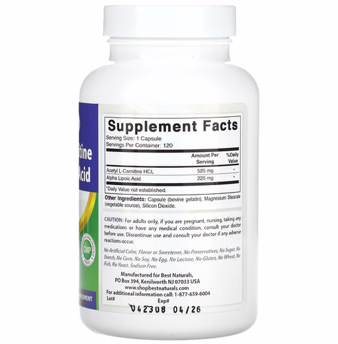 Best Naturals, Acetyl L-Carnitine Alpha Lipoic Acid, 750 mg, 120 Capsules Best Naturals, Acetyl L-Carnitine Alpha Lipoic Acid, 750 mg, 120 Capsules