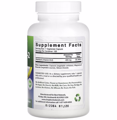 Best Naturals, Vitamin B-2 (Riboflavin), 400 mg, 120 Vegetarian Capsules Best Naturals, Vitamin B-2 (Riboflavin), 400 mg, 120 Vegetarian Capsules